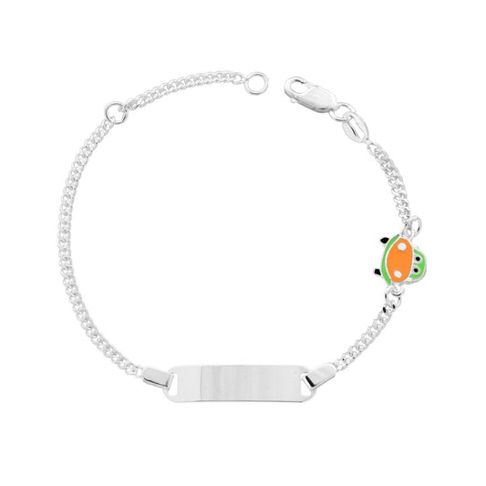 Kinderarmband für Jungen und Mädchen, Gliederkette, Grumetta, diamantiert, mit rechteckiger Plakette und Auto mit orangefarbener und grüner Emaille aus Silber 925. - MeinSchmuckShop