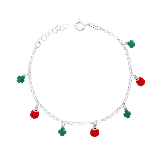 Kinderarmband für Jungen und Mädchen, Rolo-Kette, mit Diamanten, Anhänger: Marienkäfer und Kleeblätter, mit rotem und grünem Emaille, aus Silber 925 - MeinSchmuckShop