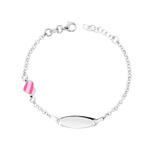 Kinderarmband für Jungen und Mädchen, Rolo-Kette, mit ovalem Anhänger und Herz, mit rosa Emaille, aus Silber 925, rhodiniert. - MeinSchmuckShop