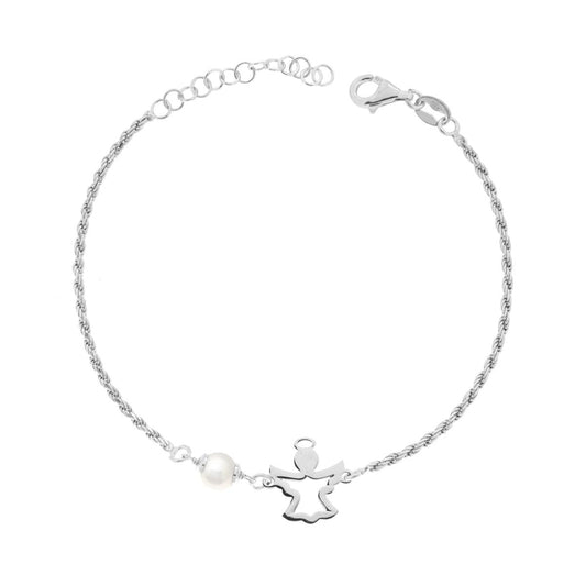 Armband mit diamantierter Rope-Kette, mit Engel und Perle, aus 925er Silber, rhodiniert. - MeinSchmuckShop
