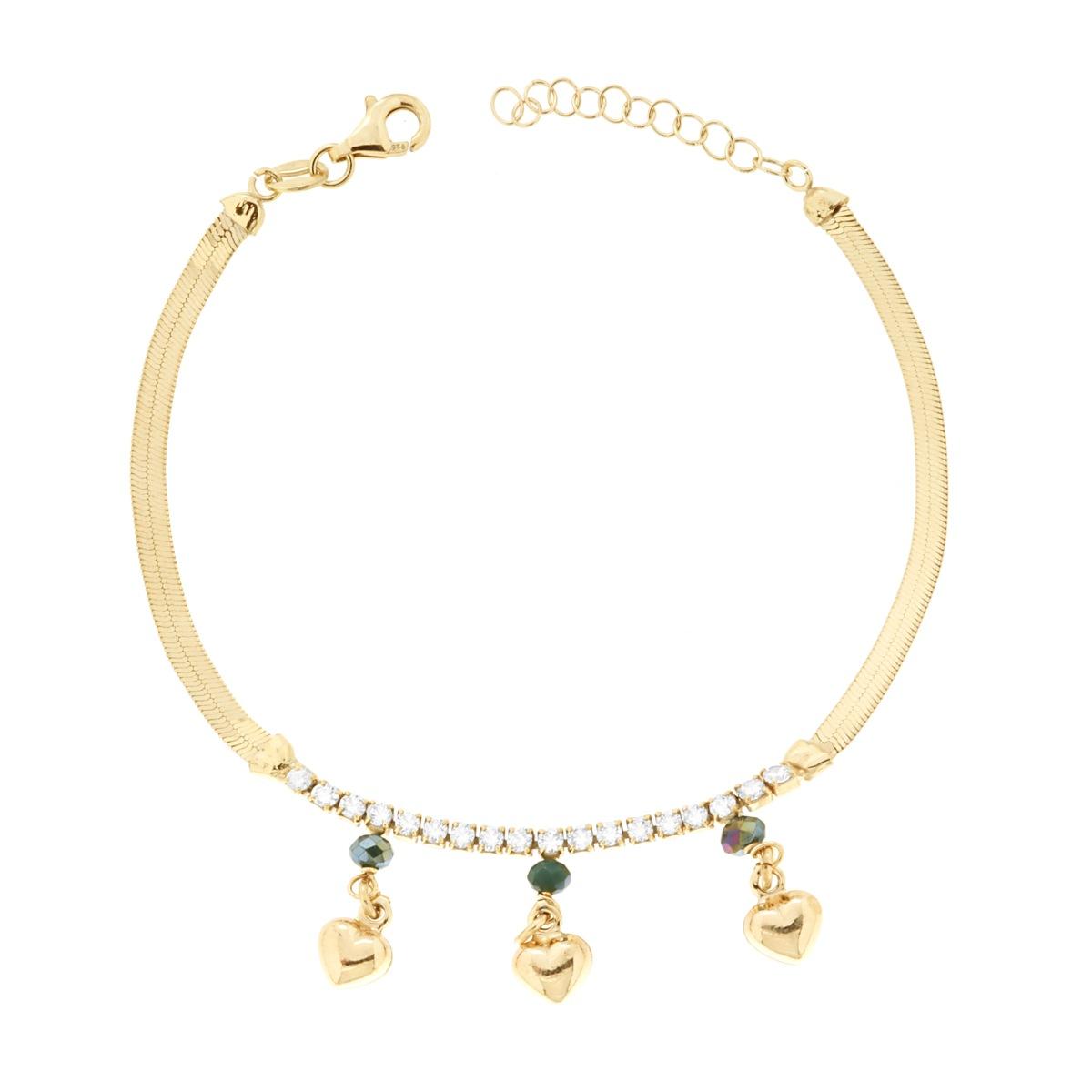 Magik-Kettenarmband mit Tennis-Cubic-Zirconia in Weiß und gewölbten Herzen als Anhänger, aus 925er Silber galvanisch vergoldet. - MeinSchmuckShop