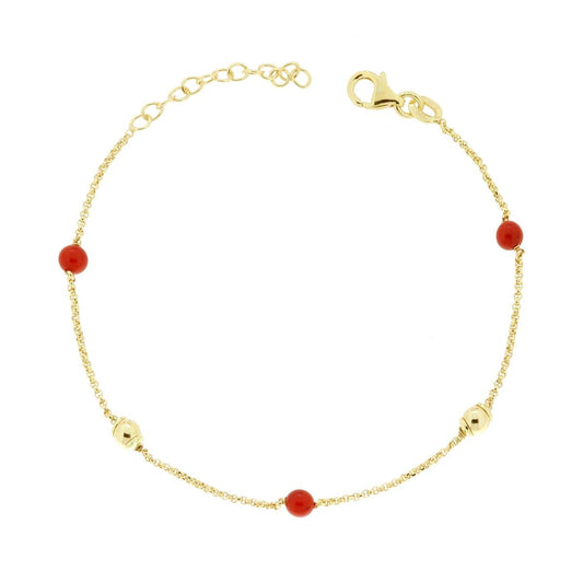 Rolo-Kette Diamantierte mit Kugeln und Perlen in Korallenfarbe aus Silber 925, galvanisch vergoldet - MeinSchmuckShop