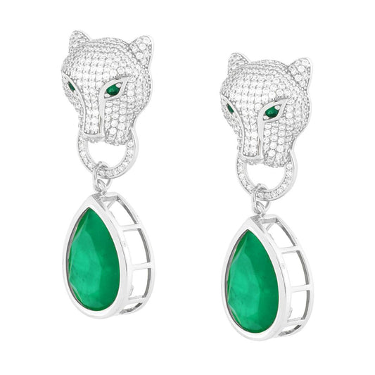Ohrringe Löwe und smaragdgrüne Tropfen mit weißen Cubic Zirconia aus 925er Silber, rhodiniert. - MeinSchmuckShop