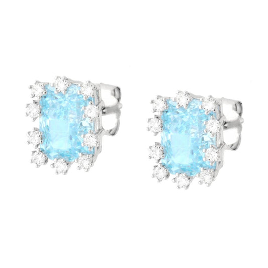 Ohrstecker Lichtpunkt Rechteck Aquamarin mit floralen Fassungen, mit weißen Cubic Zirconia, in 925er Silber rhodiniert galvanisch - MeinSchmuckShop