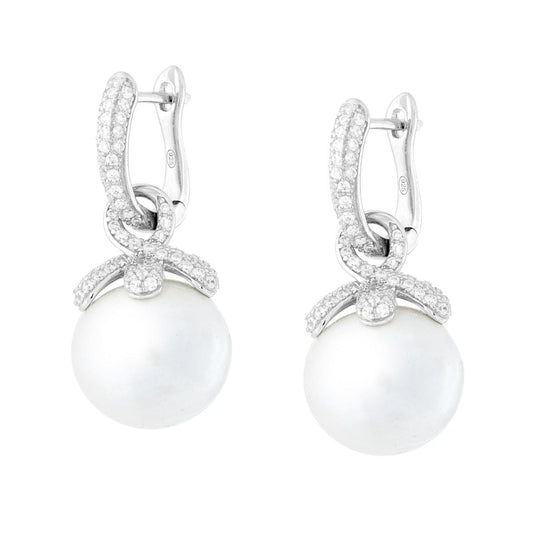 Hängende Ohrringe mit natürlichen Perlen und weißen Cubic Zirconia, aus Silber 925, rhodiniert. - MeinSchmuckShop