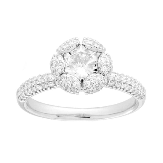 Solitär-Ring mit Blütenknospe und weißen Cubic Zirconia, 925er Silber, rhodiniert. - MeinSchmuckShop