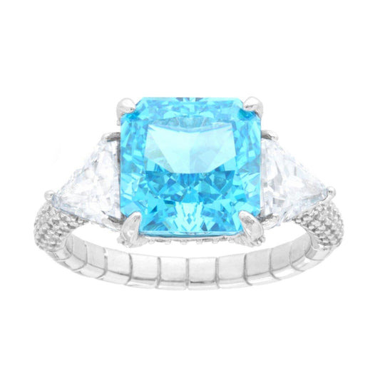 Solitärring mit quadratischem Aquamarin und weißen Cubic Zirconia Triangolari aus 925er Silber, rhodiniert galvanisch - MeinSchmuckShop