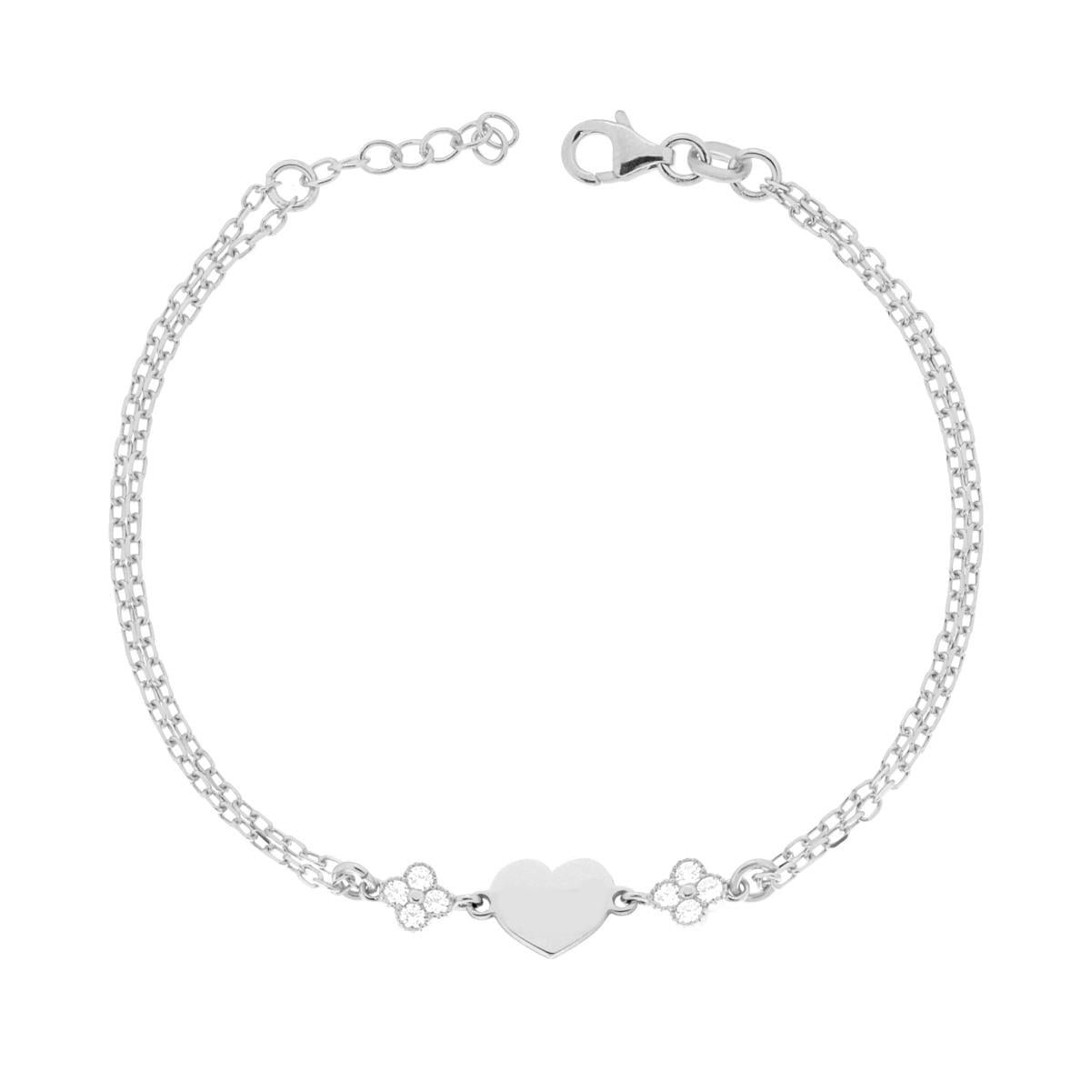 Armband aus zwei Fäden, Forzatina-Kette, diamantiert, mit glattem Herz und weißen Cubic Zirconia, in 925er Silber galvanisch rhodiniert - MeinSchmuckShop