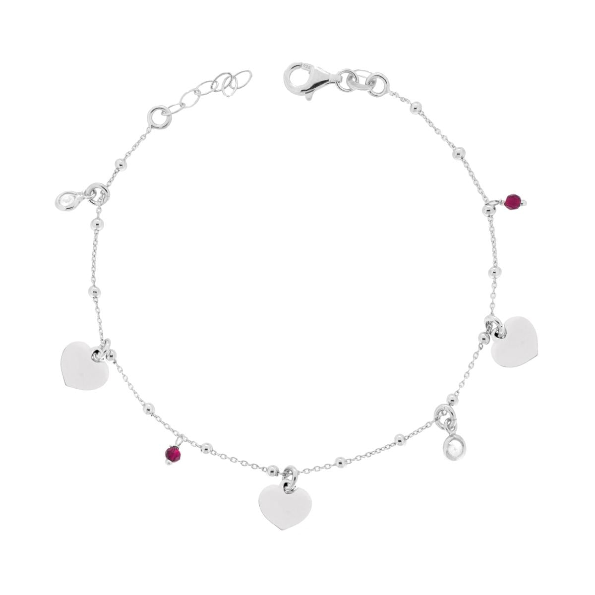 Armband mit Forzatina-Kette, mit schlichten Herz-Anhängern, Kristall Rubinrot und weißem Cubic Zirconia, aus Silber 925, rhodiniert. - MeinSchmuckShop