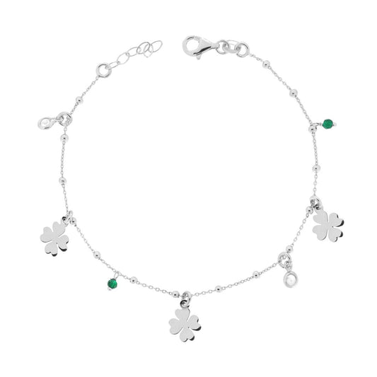 Armband mit Forzatina-Kette und Vierblättrigen Kleeblättern, schlichte Anhänger, emeraldgrüner Kristall und weiße Cubic Zirconia, aus 925er Silber, rhodiniert galvanisch - MeinSchmuckShop