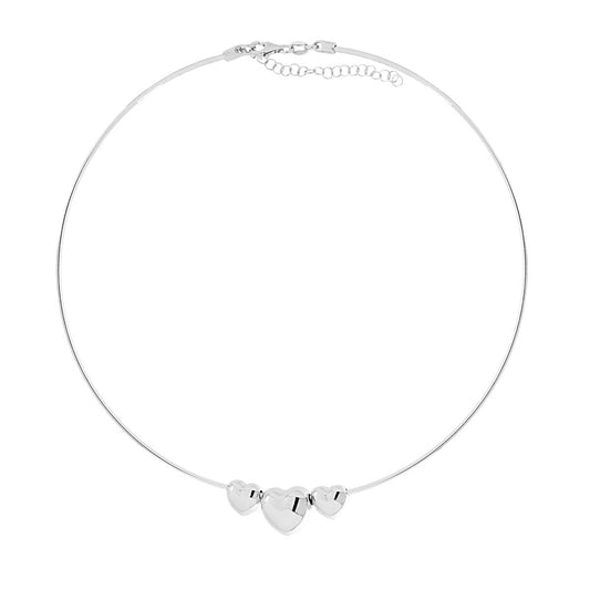 Starre Halskette, Draht 1,5 mm, mit drei gewölbten Herzen, Durchgangsösen aus Silber 925, galvanisch rhodiniert - MeinSchmuckShop