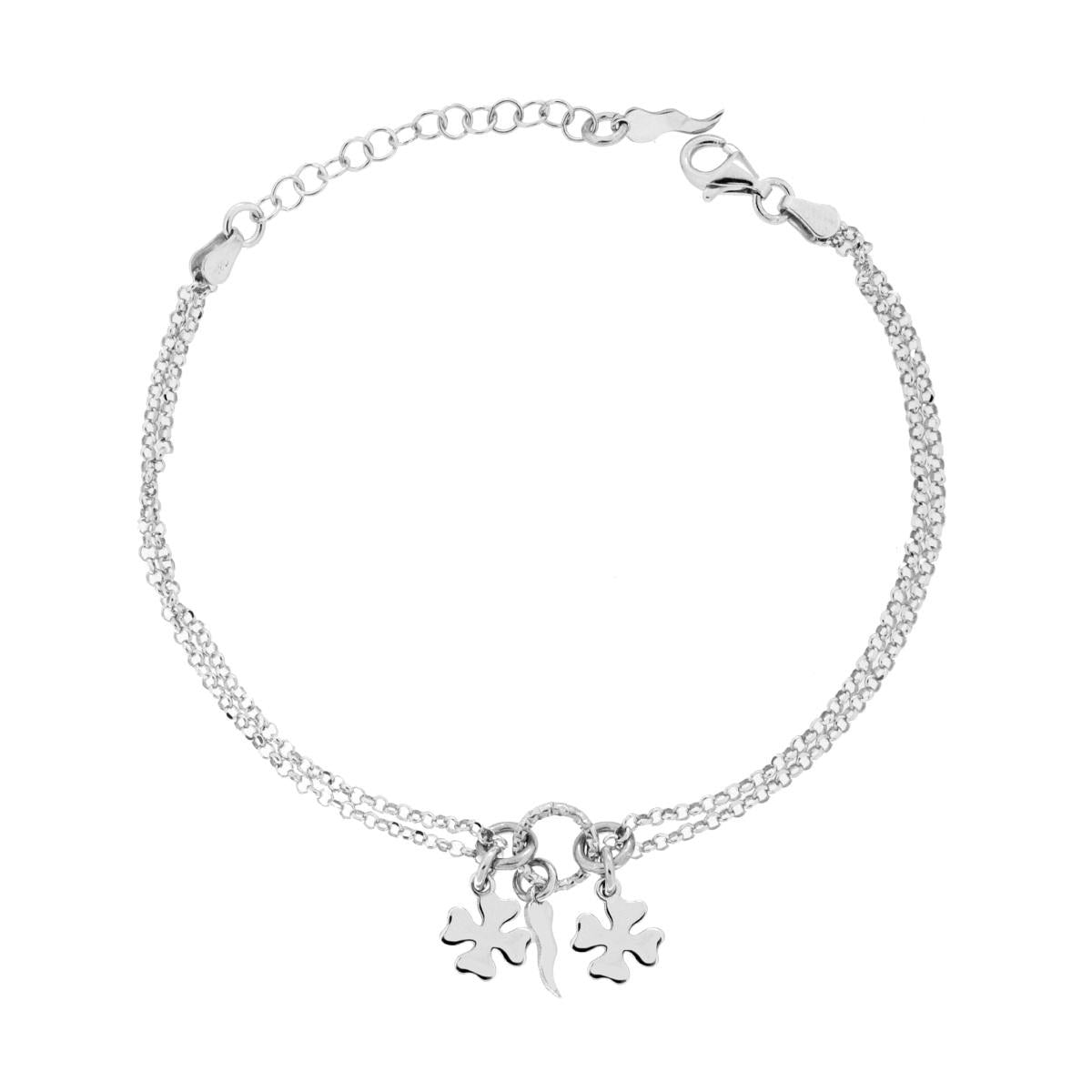 Armband, zweifädige Rolo-Kette, diamantierte, mit Vierblättern und Horn-Anhängern, aus Silber 925 rhodiniert - MeinSchmuckShop