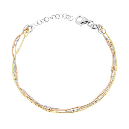 Armband mit drei Strängen, gepresste Kette, mit diamantierten Zylindern aus 925er Silber, galvanisch rhodiniert, gold- und roségold-plattiert - MeinSchmuckShop