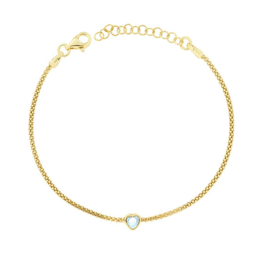 Armband mit koreanischer Gliederkette, Herz, Cubic Zirconia, Aquamarin, Silber 925, vergoldet - MeinSchmuckShop