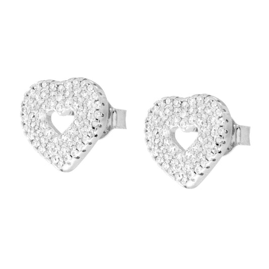 Herz-Ohrringe mit weißen Cubic Zirconia aus 925er Silber, rhodiniert - MeinSchmuckShop