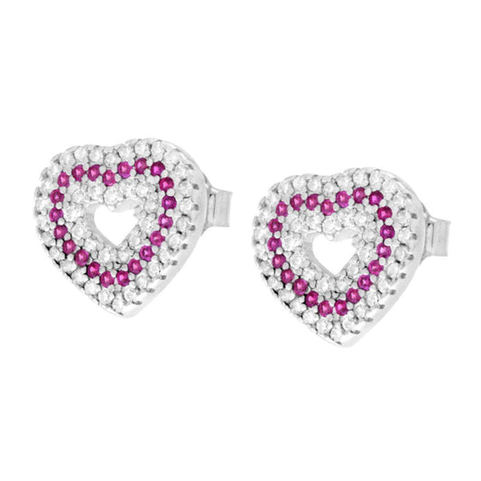 Herzohrringe aus 925er Silber, rhodiniert, mit weißen Cubic-Zirkonien und rubinrotem Zirkon. - MeinSchmuckShop