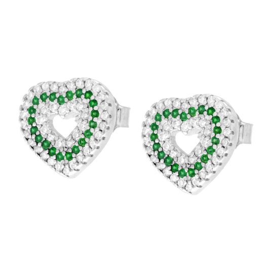 Herz-Ohrringe mit weißen Cubic-Zirkonien und Smaragdgrün in rhodiniertem 925er Silber - MeinSchmuckShop