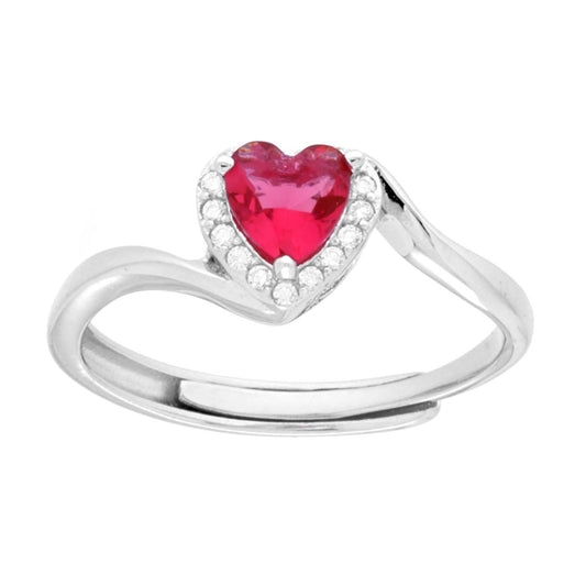 Solitärring mit rubinrotem Herz, von weißen Cubic Zirconia umrandet, in 925er Silber galvanisch rhodiniert. - MeinSchmuckShop