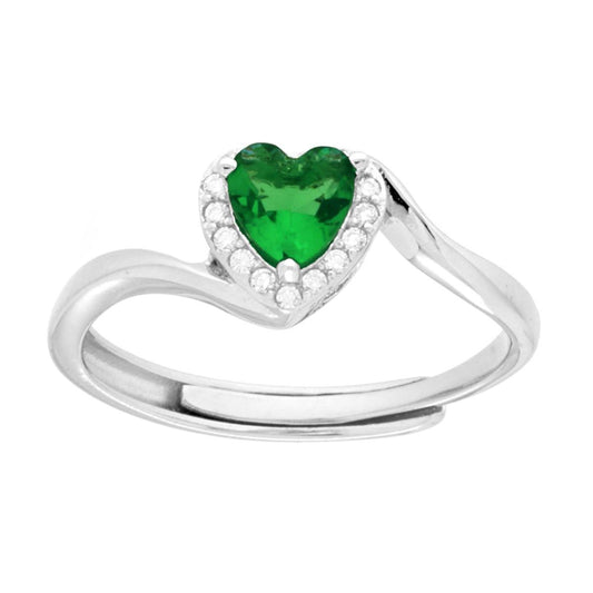 Solitärring mit smaragdgrünem Herz, umgeben von weißen Cubic-Zirkonien, aus 925er Silber, galvanisch rhodiniert. - MeinSchmuckShop