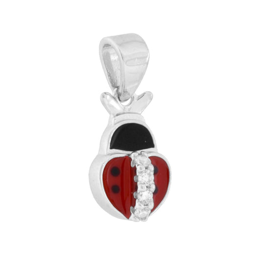 Herzförmiger Marienkäfer-Anhänger mit roter Emaille und weißen Cubic Zirconia aus 925er Silber, rhodiniert - MeinSchmuckShop