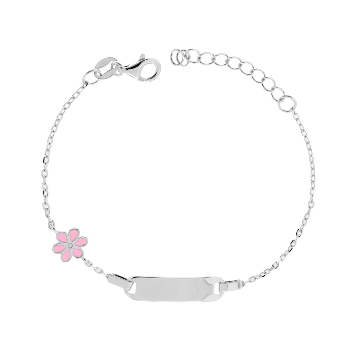 Armband für Jungen und Mädchen, rechteckige Targa mit Kette, diamantierte Ziersteine und Blume mit rosa Emaille aus Silber 925, rhodiniert. - MeinSchmuckShop