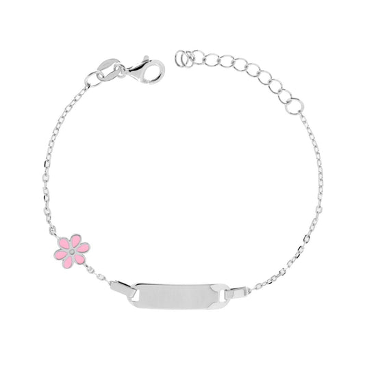 Armband für Jungen und Mädchen, rechteckige Targa mit Kette, diamantierte Ziersteine und Blume mit rosa Emaille aus Silber 925, rhodiniert. - MeinSchmuckShop