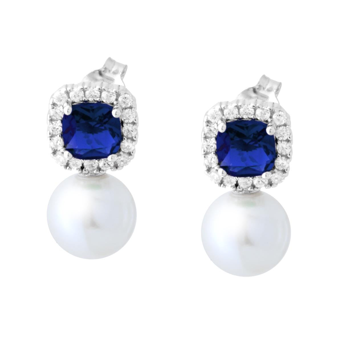 Ohrringe, quadratische Kissenform, blauer Saphir, umrahmt von weißen Cubic Zirconia und weißer Perle, aus 925er Silber rhodiniert - MeinSchmuckShop