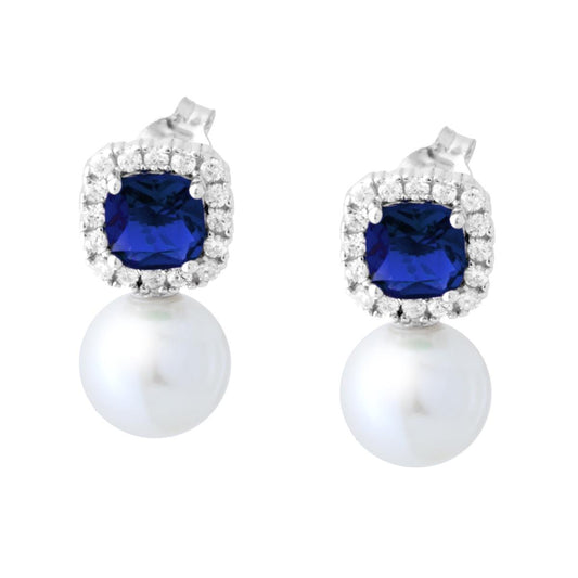 Ohrringe, quadratische Kissenform, blauer Saphir, umrahmt von weißen Cubic Zirconia und weißer Perle, aus 925er Silber rhodiniert - MeinSchmuckShop