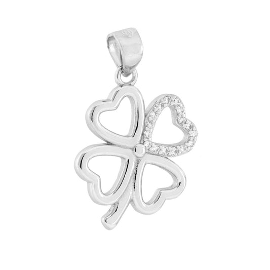 Anhänger Vierblättriges Kleeblatt mit Herzen und weißen Cubic-Zirkonien, Silber 925, rhodiniert (galvanisch) - MeinSchmuckShop