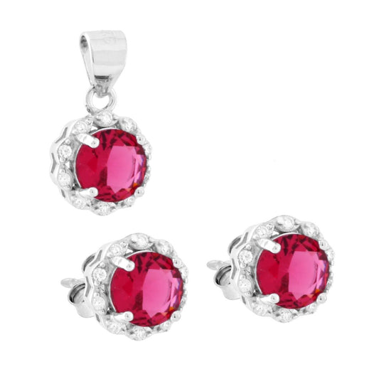 Schmuckset aus Ohrringen und Anhänger, roter Rubin rund, von weißen Cubic-Zirkonien umrahmt, aus 925er Silber, rhodiniert. - MeinSchmuckShop