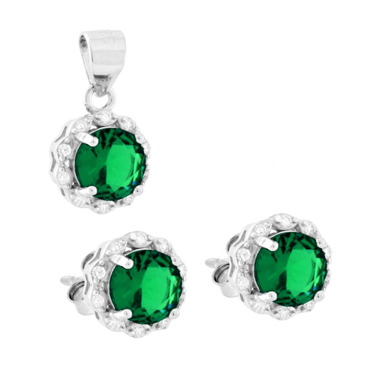 Schmuckset Ohrringe und Anhänger, runde smaragdgrüne Steine, umgeben von weißen Cubic Zirconia, aus 925er Silber, rhodiniert - MeinSchmuckShop