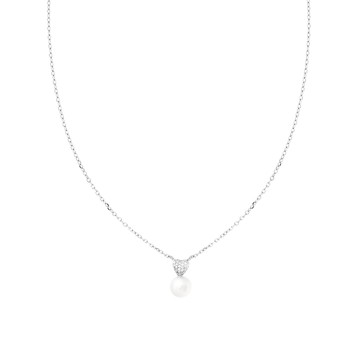 Halskette: feine diamantierte Kette mit Perle und Herz, mit weißen Cubic Zirconia, aus Silber 925 rhodiniert. - MeinSchmuckShop