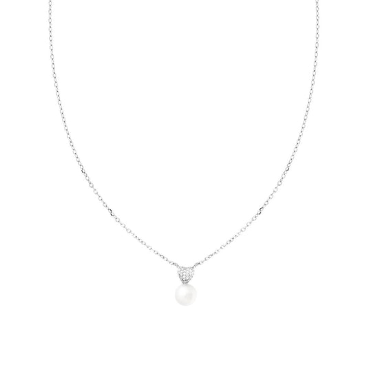 Halskette: feine diamantierte Kette mit Perle und Herz, mit weißen Cubic Zirconia, aus Silber 925 rhodiniert. - MeinSchmuckShop