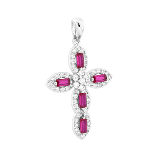 Anhänger Kreuz mit Cubic Zirconia Rubinrot und Weiß in 925er Silber, galvanisch rhodiniert - MeinSchmuckShop