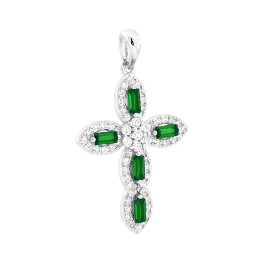 Anhänger Kreuz mit Cubic Zirconia in Smaragdgrün und Weiß aus 925er Silber rhodiniert - MeinSchmuckShop
