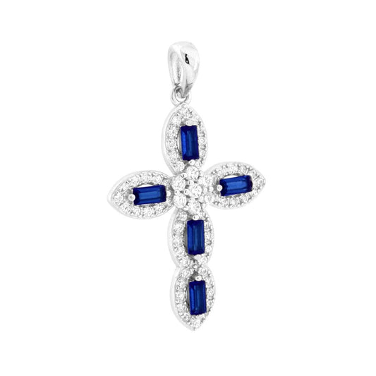 Kreuzanhänger mit kubischem Zirkon in Blau, Saphir und Weiß, aus Silber 925, rhodiniert galvanisch. - MeinSchmuckShop