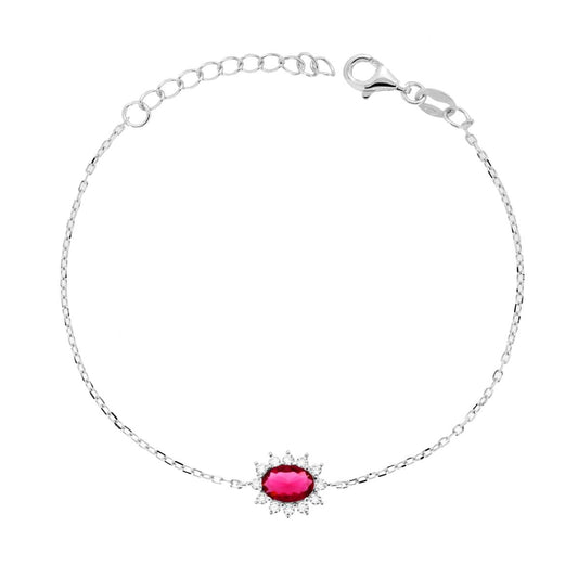 Armband mit diamantierter Kette, rotem Rubinoval, umrahmt von weißen Cubic Zirconia, Silber 925 rhodiniert - MeinSchmuckShop