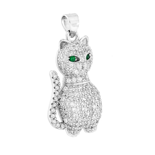 Katzanhänger mit smaragdgrünen Augen und weißen Cubic-Zirkonien in 925er Silber rhodiniert - MeinSchmuckShop