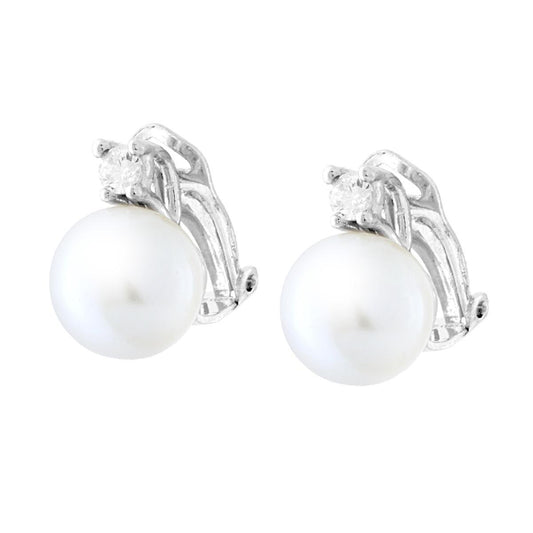 Clip-Ohrringe mit 10 mm Perle und Cubic Zirconia Weiß als Lichtpunkt aus 925er Silber, rhodiniert - MeinSchmuckShop