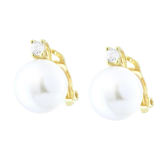 Clip-Ohrringe mit Perle Ø 12 mm und Cubic Zirconia als Lichtpunkt, weiß, aus 925er Silber, vergoldet - MeinSchmuckShop