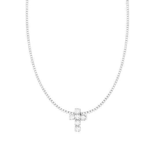 Tennis-Kette mit centralem Kreuz und weißen Cubic Zirconia aus 925er Silber, rhodiniert. - MeinSchmuckShop