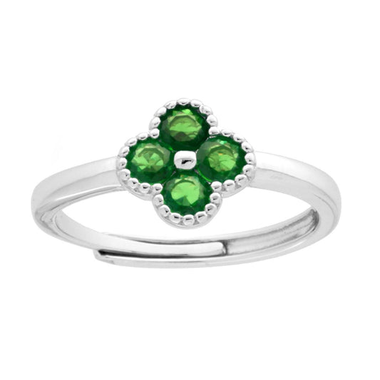 Ring mit Blume und smaragdgrünen Cubic Zirconia in 925er Silber, rhodiniert - MeinSchmuckShop