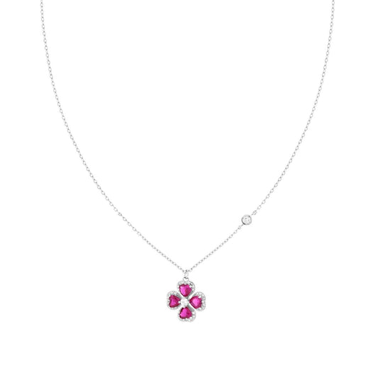 Kette, diamantierte Forzatina-Ankerkette mit Weißem Punto-Luce und Kleeblatt mit rubinroten Herzen, umgeben von weißen Cubic Zirconia, aus 925er Silber rhodiniert - MeinSchmuckShop