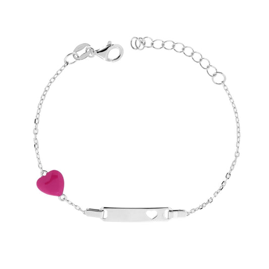 Kinderarmband für Jungen und Mädchen, rechteckige Plakette mit durchbrochenem Herz, diamantierte Kette und gewölbtes Herz mit Fuchsien-Emaille aus 925er Silber, rhodiniert - MeinSchmuckShop