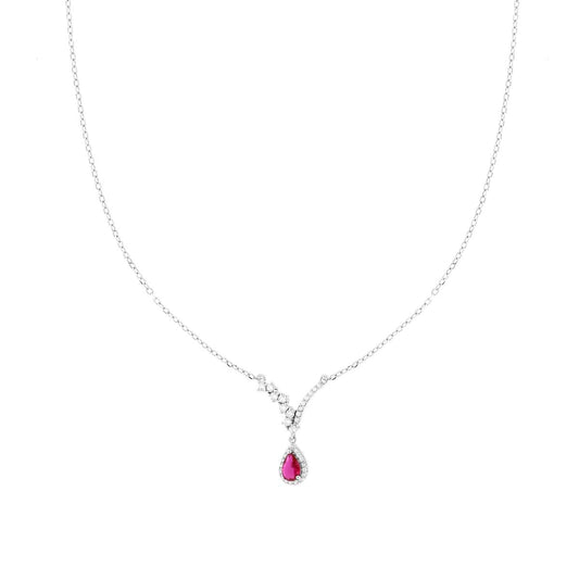 Halskette mit diamantierter Gliederkette, mit weißem Diadem und rubinrotem Tropfen, umrandet von weißen Cubic Zirconia, aus 925er Silber rhodiniert. - MeinSchmuckShop