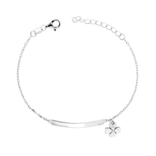 Kinderarmband mit rechteckiger Plakette, Kette, Klemmverschluss, diamantiert und Kleeblatt mit weißen Cubic Zirconia, aus 925er Silber, rhodiniert - MeinSchmuckShop