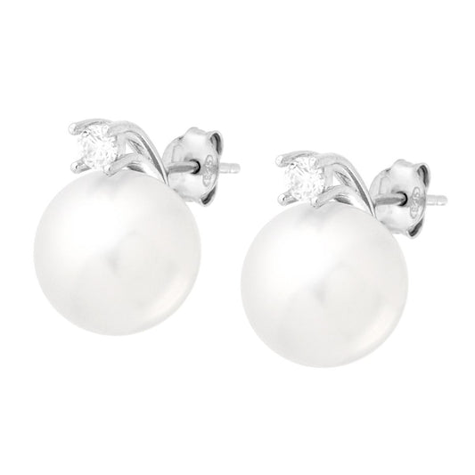 Ohrringe Perle 12 mm mit Cubic Zirconia Weiß in Silber 925 rhodiniert - MeinSchmuckShop