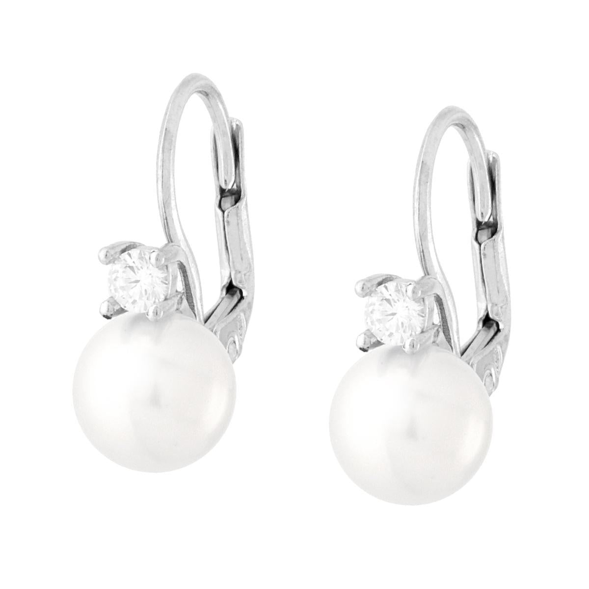 Ohrringe mit Klappverschluss, Perle 8 mm, mit weißem Cubic Zirconia, aus Silber 925 rhodiniert - MeinSchmuckShop