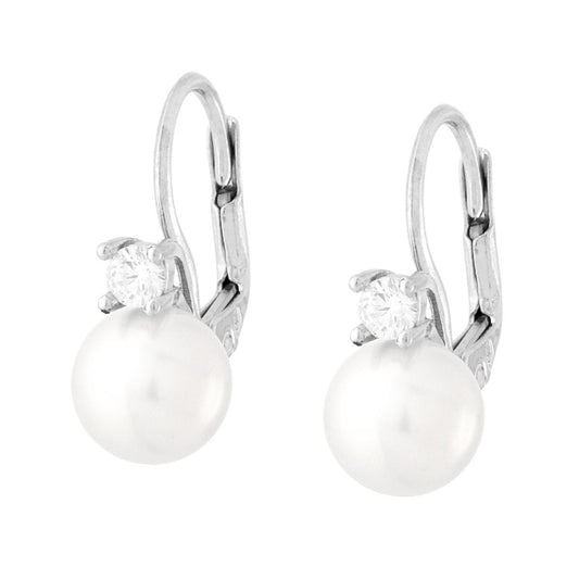 Ohrringe mit Klappverschluss, Perle 8 mm, mit weißem Cubic Zirconia, aus Silber 925 rhodiniert - MeinSchmuckShop
