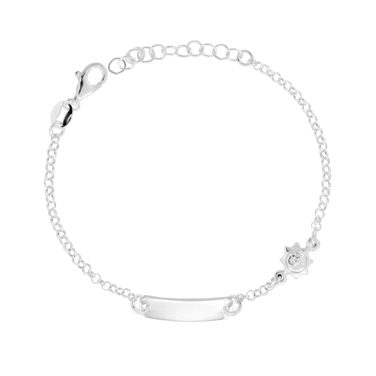 Kinderarmband mit rechteckiger Plakette, Rolo-Kette und konvexer Sonne aus 925er Silber. - MeinSchmuckShop